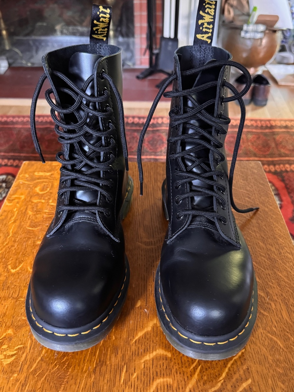 Dr. Martens Black Leather 8-Eye Lace-Up Boots with Yellow Stitching